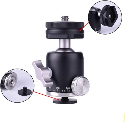 Camera Tripod Mini Ball Head Mount with Cold Shoe, 360 Pan & 90 Tilt Adapter for DSLR/Light Stand