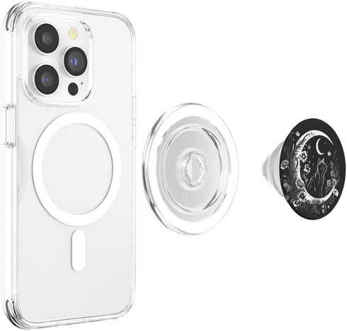 Cat Sitting On Crescent Moon Flowers Stars Drawing PopSockets PopGrip for MagSafe Phone Accessories