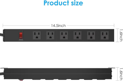 Metal Wall Mount Power Strip, 6 AC Outlets, Aluminum Alloy Socket with Switch, 3 FT Power Cord, Black