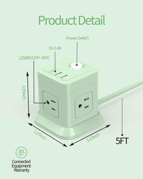 FDTEK 4 3 (1 Cube Power Strip, Widely Spaced Outlet with USB USB C) Flat Plug Power Strips with Long Extension Cords