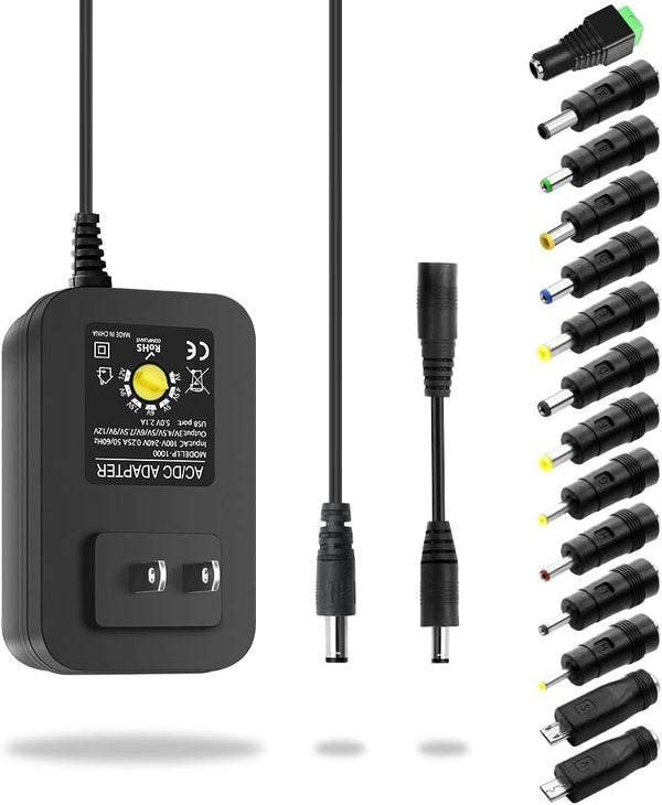 Aclorol Universal Power Adapter 30W, Adjustable 12V 9V 7.5V 6V 5V 4.5V 3V AC/DC Converter with 14 Tips