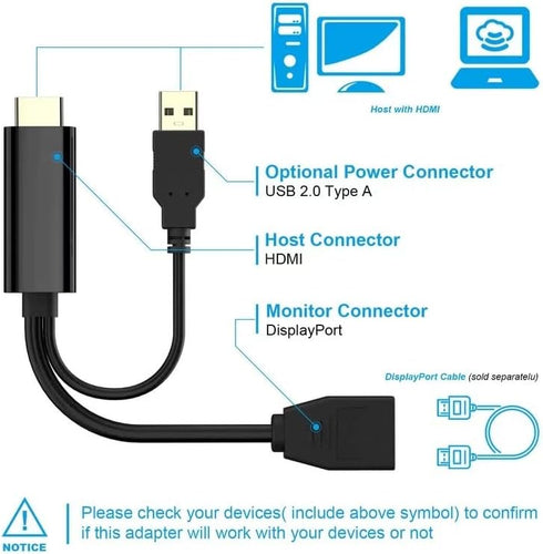 HDMI to DP Cable Converter Adapter, USB Power 4K for PC Laptop HDMI Male to DP Female Adapter