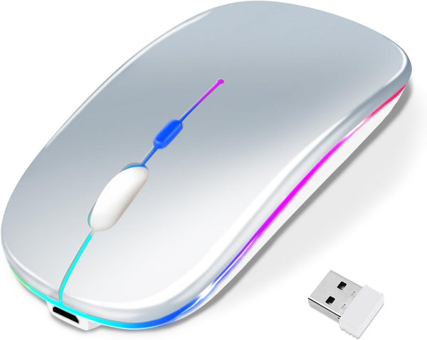 Wireless Bluetooth Mouse for iPad/MacBook Pro/Air/Laptop/PC, Rechargeable Silent Portable Slim (LED/Silver)