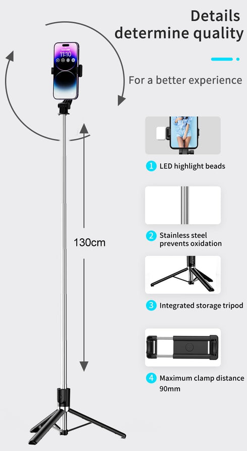 Tianle 51 Inch Selfie Stick, Phone Tripod Extendable Cell Phone Tripod Stand with Wireless Remote and Phone Holder