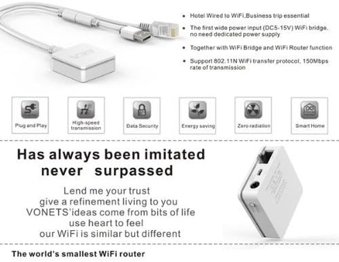 VONETS VAR11N-300 Portable WiFi Router, 2.4GHz WiFi Bridge, Wireless Repeater, 2 RJ45 Ports, DC/USB Powered for Hotel