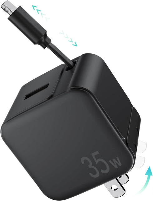 Retractable Wall Charger, 35W PD Fast USB Charger Block with Retractable Lightning Cables for iPhone, Portable Charger