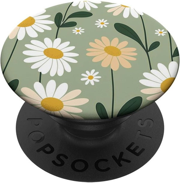 White Daisy Flower Floral Botanical Sage Green PopSockets Standard PopGrip