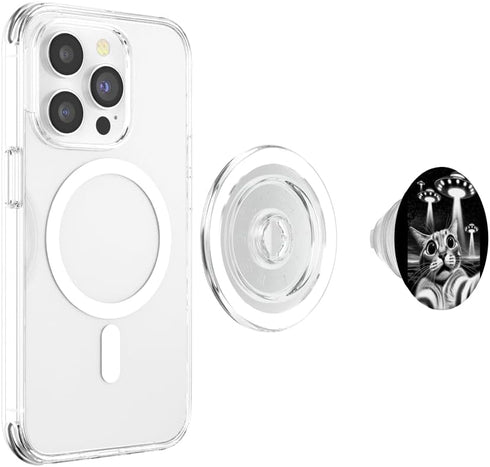 Cat UFO Selfie PopSockets PopGrip for MagSafe, Funny Invasion Meme Retro Alien