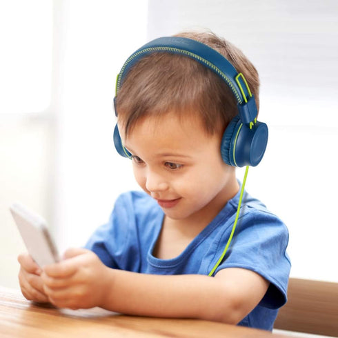 POWMEE M2 Kids Headphones - Foldable, Adjustable, Tangle-Free, 3.5MM Jack, On-Ear, Blue for School, Travel & More.
