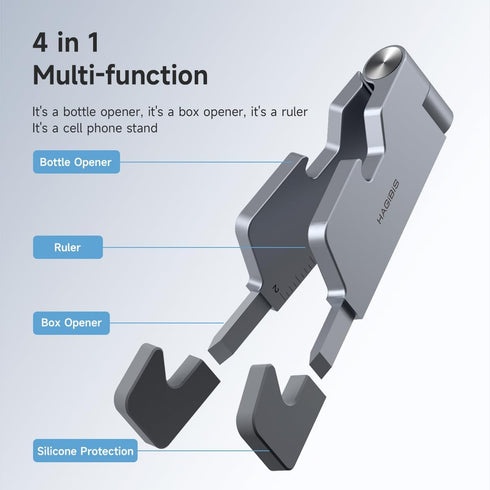 Hagibis Cell Phone Stand for Desk, 4 in 1 Foldable Aluminum Portable Travel Phone Holder with Bottle Opener, Box Opener, Ruler for iPhone 15 14 13 12 11 Pro Max Samsung Galaxy