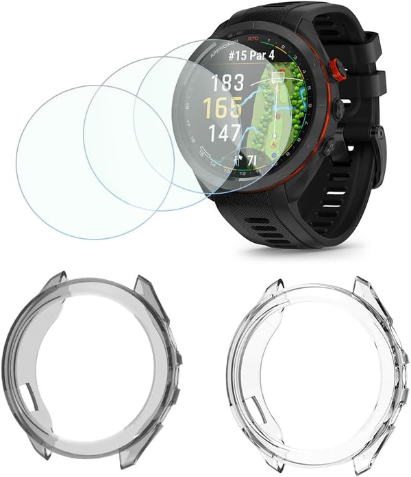 Smartwatch Screen Protector for Garmin Approach S70 47mm, TPU Soft Frame Cover and Tempered Glass Film Pack