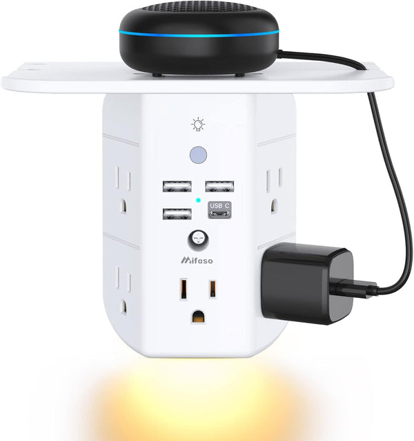 Wall Outlet Extender with Shelf and Night Light, Surge Protector, USB Wall Charger with 5 AC Outlets