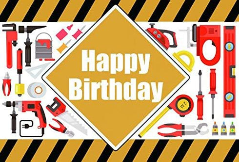 Construction Tools Theme Happy Birthday Backdrop, 7x5ft Vinyl for Boys Birthday Party Decor, Yellow and Black Stripes