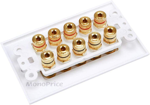 Monoprice 103539 Banana Binding Post Two-Piece Inset Wall Plate – White – Coupler Type For 5 Speakers by Monoprice