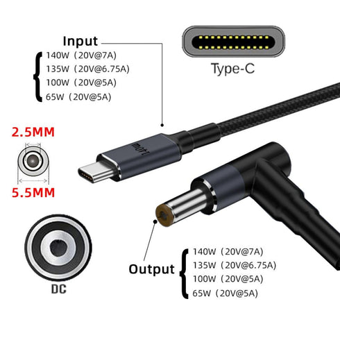 chenyang USB C to DC 5.5x2.5mm 20V Power 65W 100W 135W 140W PD Charge Cable for Laptop
