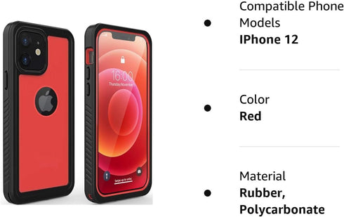 Waterproof Case for iPhone 12, Shockproof Dustproof IP68 Full-Body Hard Case with Built-in Screen Protector, Red