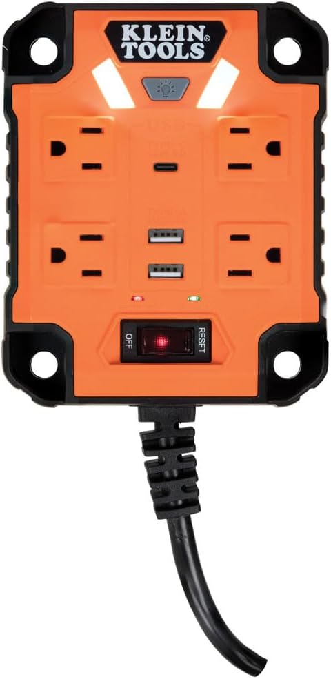 Klein Tools 29601 Magnetic Power Strip with Surge Protector, 4 Outlets, 3 USB Ports, 5-Foot Cord