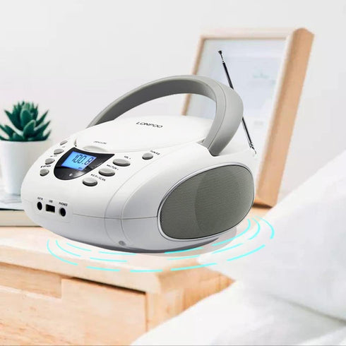 LONPOO CD Player Portable Boombox with FM Radio, USB, Bluetooth, AUX Input, Stereo Sound Speaker & Audio Player, White