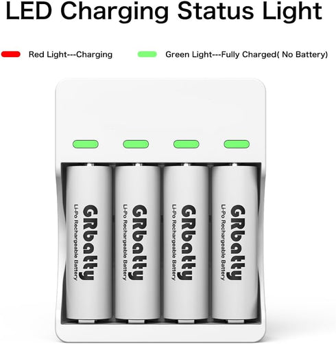 GRbatty 3500mWh 1500 1.5V, (4 Pack) Rechargeable AA Lithium Batteries, with AA and AAA Charger, Cycles for Household