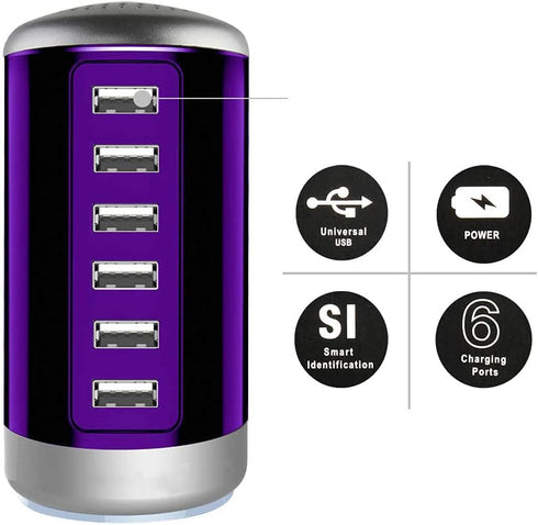 Universal 6-Port USB Charger Desktop Charging Station Hub with Smart Identification Technology, Purple