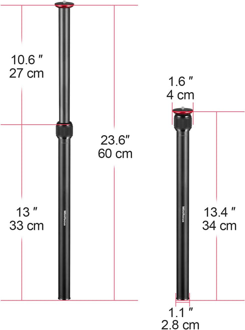 MINIFOCUS Tripod Extension, 2 Section Center Columns, 23.4" Alloy Aluminum Tripod Extender Tube with 1/4" 3/8" Screw