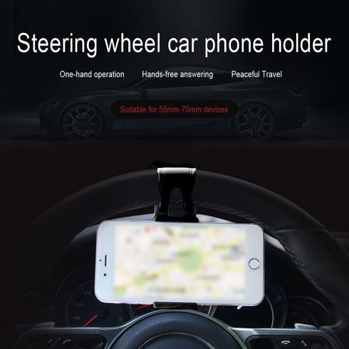 Car Steering Wheel Phone Mount, Portable Clip Holder for Universal Smartphone Use (Black)