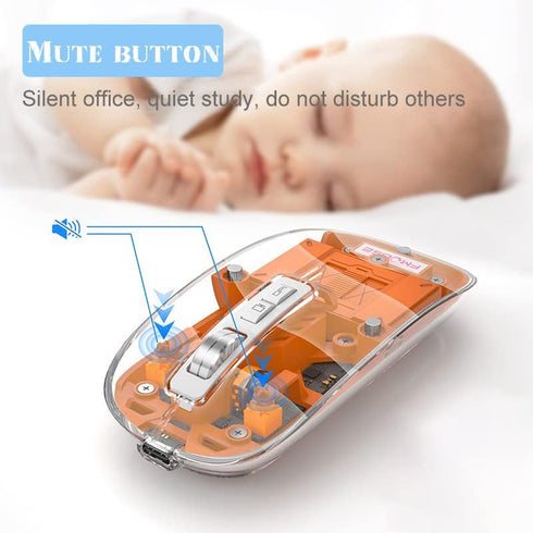 Transparent Wireless Mouse, Rechargeable Mute BT5.1/2.4G Bluetooth Mouse for Mac, iPad, Laptop, PC (Orange)