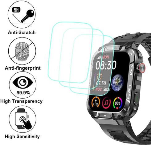 Tempered Glass Screen Protector for Hvlgmrc P66 1.96 inches Rugged Smart Watch, 3pcs, 9H