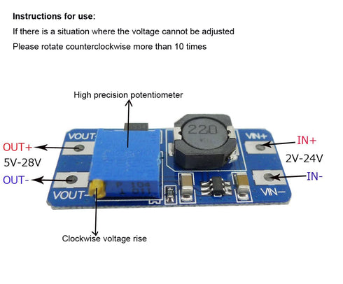 MT3608 DC-DC Step Up Boost Power Converter Adjustable 2A Module, Input 2-24V to Output 5V-28V (Pack of 5)