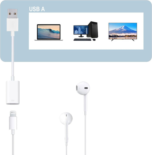 USB Male to Lightning Female Audio Adapter Cable, Type A to Lightning Dongle Converter for Headphones and Earbuds