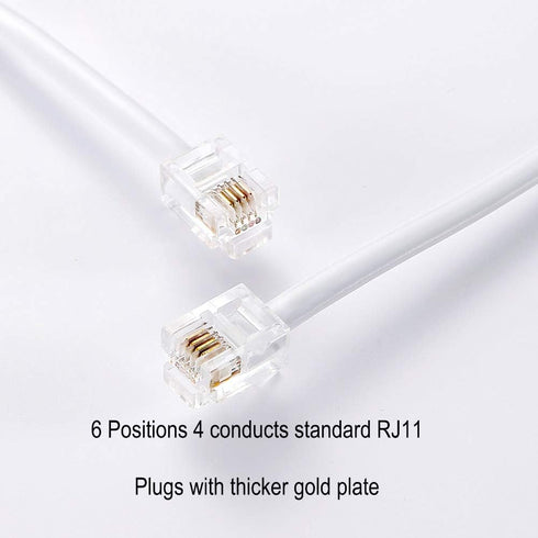 Telephone Extension Line Cord Cable, Land Phone Line, White, 25ft, Standard RJ11 Plugs