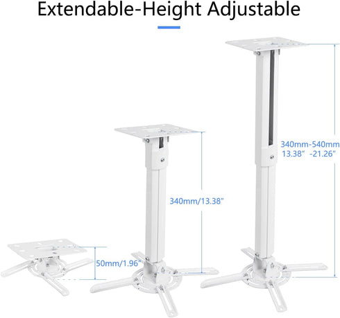 suptek White Projector Ceiling Mount Bracket, Adjustable for Flat or Sloped Ceilings, Fits LCD/DLP Projectors
