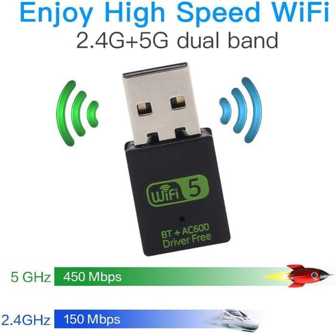 WLAN USB Stick Bluetooth Dongle, 600Mbps Dual Band 2.4GHz/5GHz Wireless Wi-Fi Network Adapter for PC