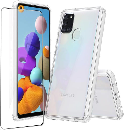 Samsung Galaxy A21s Case Crystal Clear Slim Hard Case Hybrid Shockproof Bumper with Tempered Glass Screen Protector