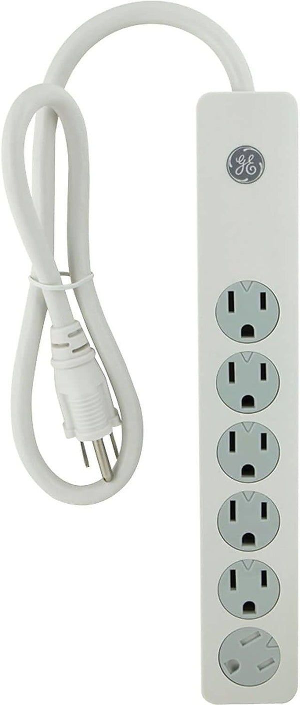 GE 6-Outlet Surge Protector, Power Strip, 3 Ft Extension Cord, 450 Joules, Heavy Duty Plug, UL Listed, White, 14089