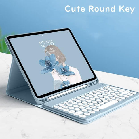 HENGHUI Cute Round Key Wireless Keyboard Case for Galaxy Tab S8 11" 2022 / S7 11" 2020 with S Pen Holder, SkyBlue