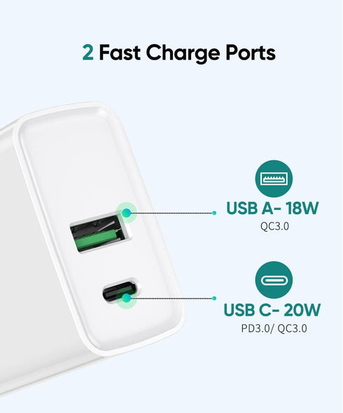 USB C Wall Charger PD 20W, Dual Port Power Delivery Fast Charge Block Plug Adapter Compatible with iPhone 15/14/13/12/11/Pro Max, XS/XR/X, AirPods, Samsung Galaxy and More