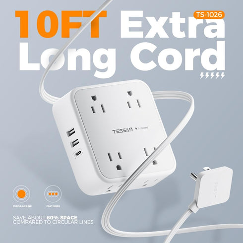 TESSAN 10 FT Extension Cord with Multiple Outlets, 8 AC Outlets, 900J Surge Protector Power Strip