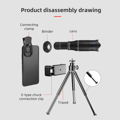 Andoer 40X Mobile Phone Telephoto Lens Kit with Clip, Mini Tripod, Remote Shutter for Hiking, Camping, Wildlife