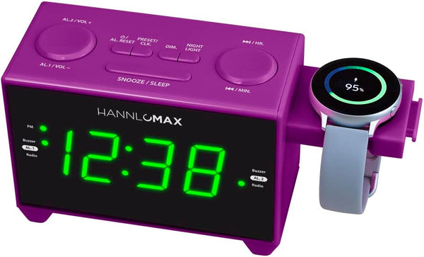 HANNLOMAX HX-132CR Alarm Clock Radio with Dual USB Ports (USB Type-A and USB Type-C) for Charging and Smartwatch Charging Holder (Purple)