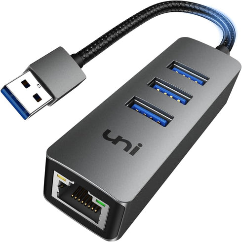 uni USB to Ethernet Adapter, USB 3.0 Hub with 100/1000 Mbps RJ45 Ethernet, 4-in-1 USB-A to LAN Network Adapter