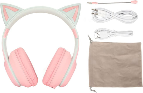 KUIDAMOS Cat Ear Headphones with Detachable Microphone, 7 Colors LED Lights, Foldable Over Ear Headphones, BT and Wired