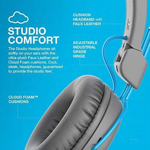 JLab Studio On-Ear Headphones, Wired, Gray/Blue, Ultra-Plush Faux Leather, 40mm Neodymium Drivers, Tangle-Free Cord.