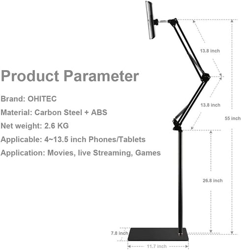 Heavy Duty Steel Phone/Tablet Floor Stand, Adjustable Mobile Cell Mount with 360 Degree Rotation, 4.6 Feet Long Arm