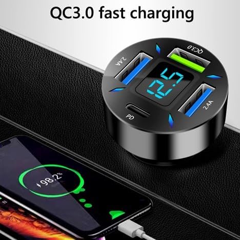 RDRKR 66W USB C Car Charger, 4-Port Cigarette Lighter Adapter, QC 3.0, PD, 2.4 A for Android/iPhone/Tablets
