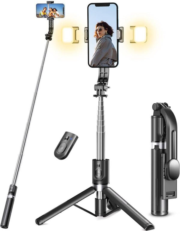 Pnitri Selfie Stick Tripod with Light, 45'' Selfie Stick with Wireless Remote, Portable