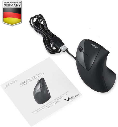 Perixx Perimice-513L Wired Vertical Ergonomic Mouse - 2 DPI, 6 Button Optical Ergo Mouse, Left Handed, Black