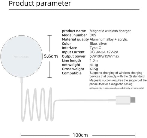 15W Magnetic Wireless Charger for iPhone 12/13/14/15 Series, Fast Charging Pad Travel Portable