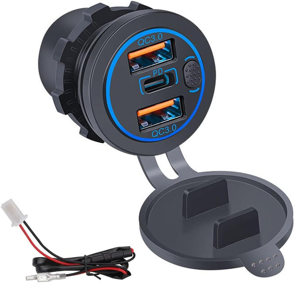 3 Ports 18W USB Car Charger with Switch - 12-24V Dual QC 3.0 USB & PD USB C Cigarette Lighter Socket, Dashboard Mount