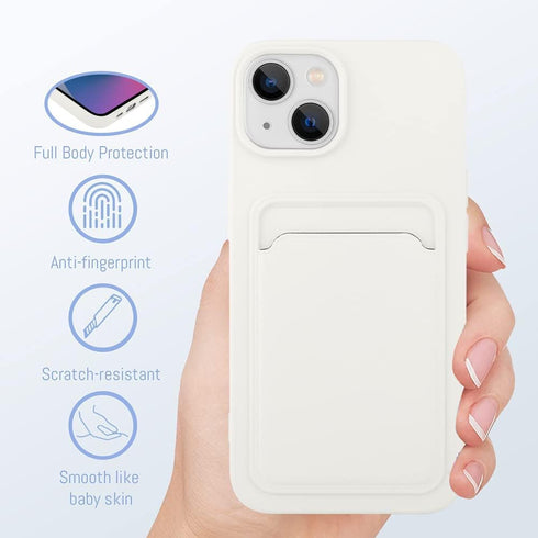 MZELQ Silicone Wallet Case for iPhone 14, Card Holder Camera Protection Cover + Screen Protector, White